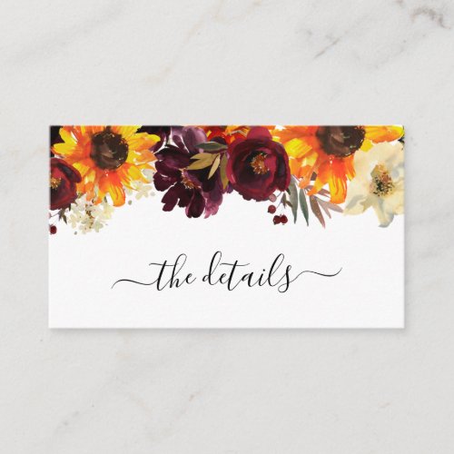 Sunflower Burgundy Rose Floral Wedding Details Enclosure Card