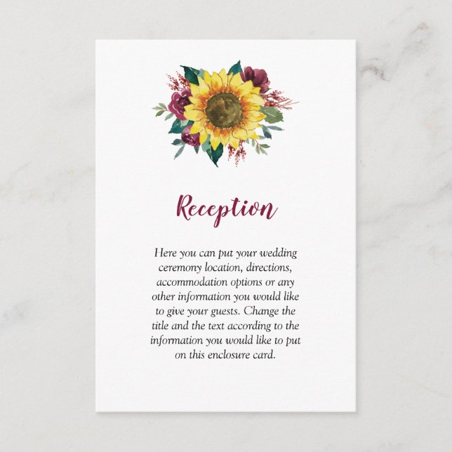 Sunflower Burgundy Rose Floral Wedding Enclosure Card (Front)