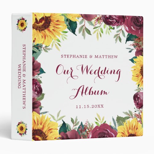 Sunflower Burgundy Rose Floral Wedding Photo Album 3 Ring Binder