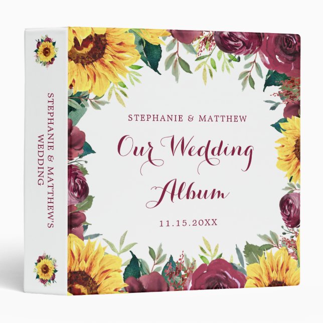 Sunflower Burgundy Rose Floral Wedding Photo Album 3 Ring Binder (Front/Spine)