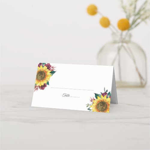 Sunflower Burgundy Rose Floral Wedding Place Card