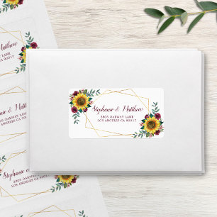 Sunflower Burgundy Rose Geometric Gold Address Label