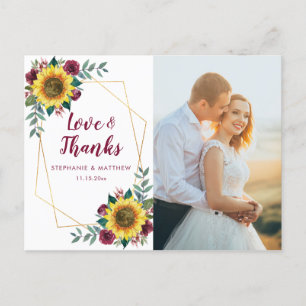 Sunflower Burgundy Rose Geometric Photo Thank You Postcard