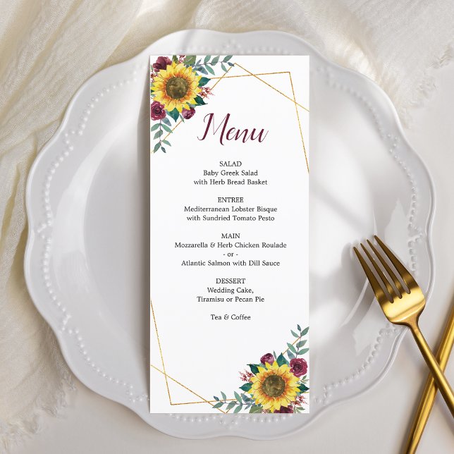 Sunflower Burgundy Rose Geometric Wedding Menu (Creator Uploaded)