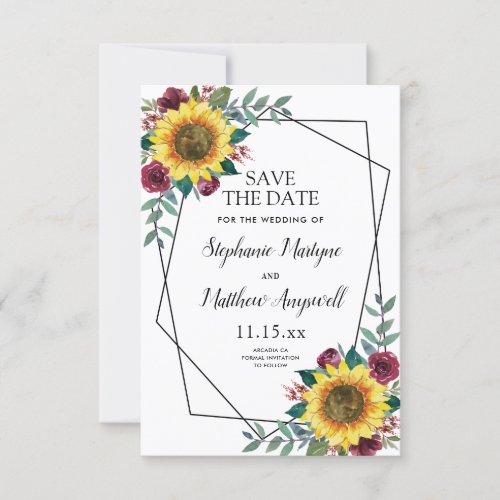 Sunflower Burgundy Rose Geometric Wedding Save The Date