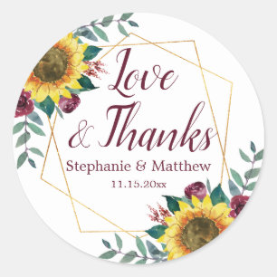Sunflower Burgundy Rose Geometric Wedding Thanks Classic Round Sticker