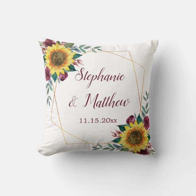 Sunflower Burgundy Rose Geometric Wedding Throw Pillow (Front)