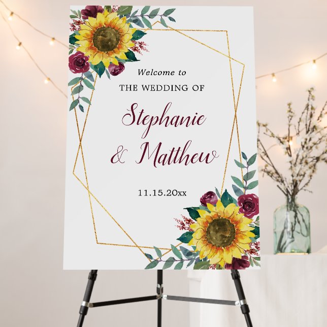 Sunflower Burgundy Rose Geometric Wedding Welcome Foam Board (In Situ (Stand))
