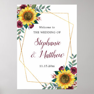 Sunflower Burgundy Rose Geometric Wedding Welcome Poster