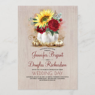 Sunflower Burgundy Rose Gold Pumpkin Fall Wedding Invitation