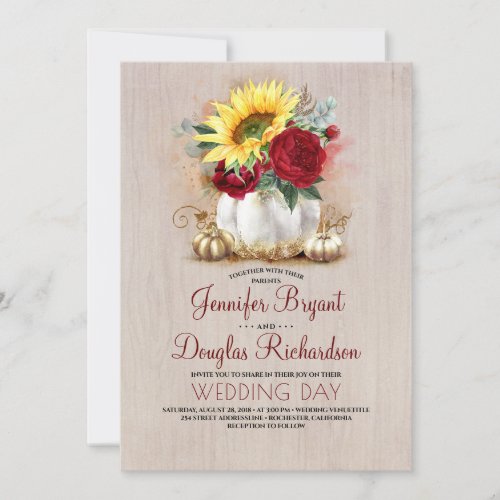 Sunflower Burgundy Rose Gold Pumpkin Fall Wedding Invitation