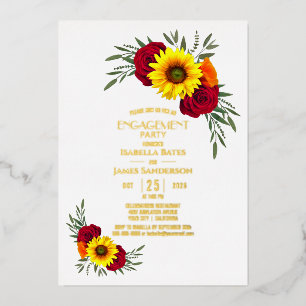 Sunflower Burgundy Rose Gold Text Engagement Party Foil Invitation
