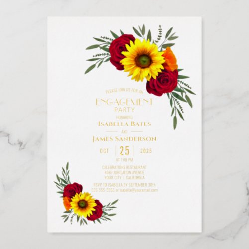 Sunflower Burgundy Rose Gold Text Engagement Party Foil Invitation