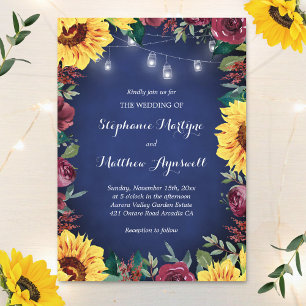 Sunflower Burgundy Rose Jar Lights Navy Wedding Invitation