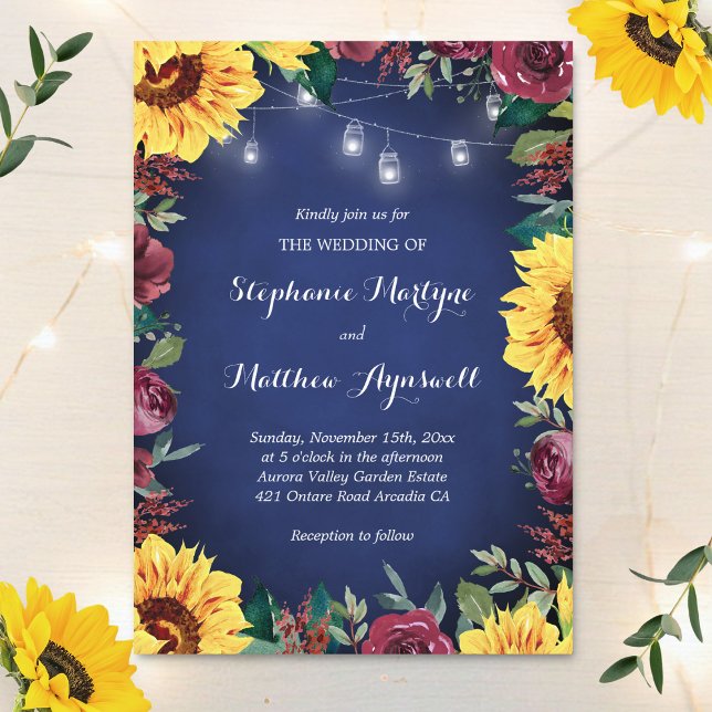 Sunflower Burgundy Rose Jar Lights Navy Wedding Invitation (Creator Uploaded)