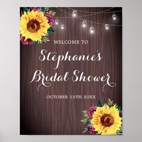 Sunflower Burgundy Rose Jars Wood Bridal Shower Poster