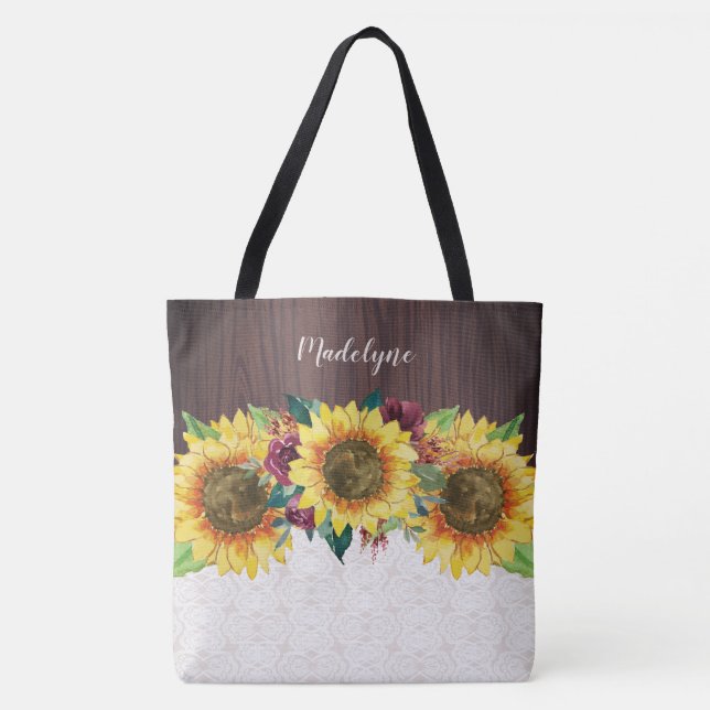 Sunflower Burgundy Rose Lace Rustic Personalized Tote Bag (Front)