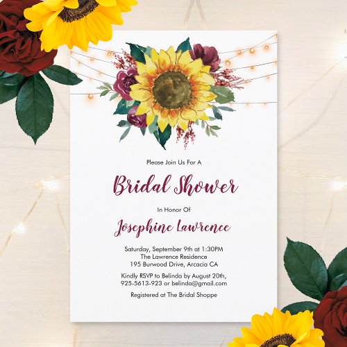 Sunflower Burgundy Rose Lights Bridal Shower Invitation