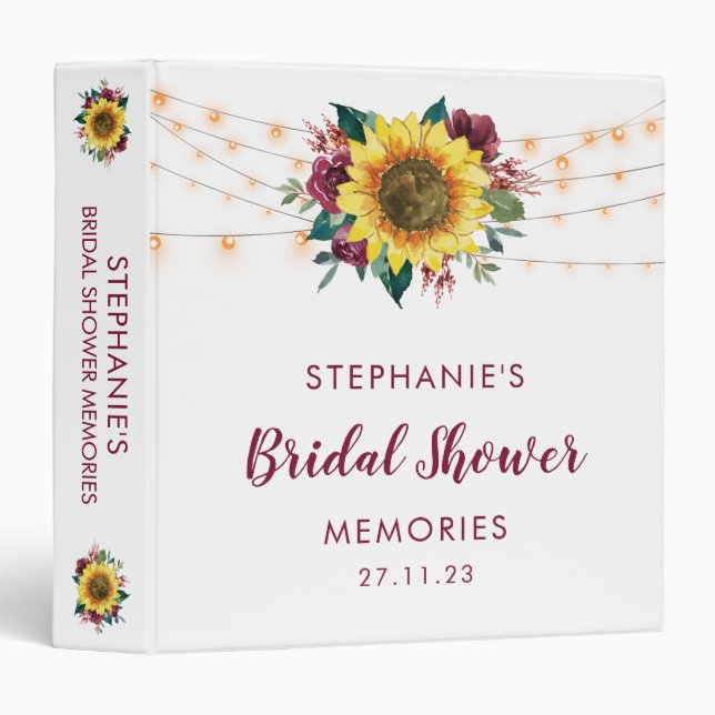 Sunflower Burgundy Rose Lights Bridal Shower Photo 3 Ring Binder (Front/Spine)