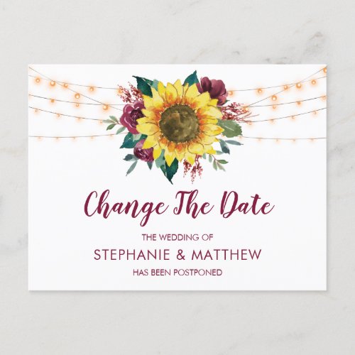 Sunflower Burgundy Rose Lights ChangeThe Date Announcement Postcard