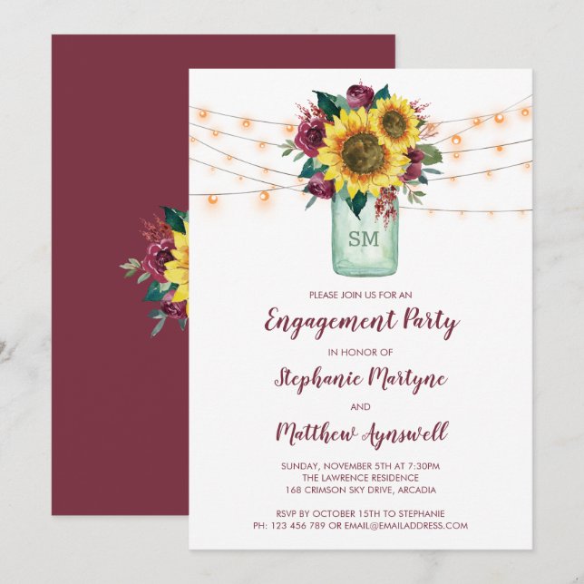 Sunflower Burgundy Rose Lights Jar Engagement Invitation (Front/Back)