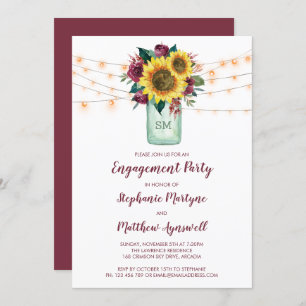 Sunflower Burgundy Rose Lights Jar Engagement Invitation
