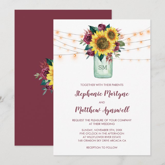 Sunflower Burgundy Rose Lights Mason Jar Wedding Invitation (Front/Back)