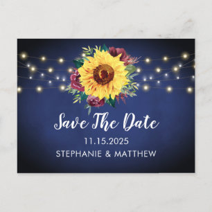 Sunflower Burgundy Rose Lights Navy Blue Wedding Announcement Postcard