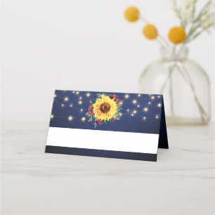 Sunflower Burgundy Rose Lights Navy Blue Wedding Place Card