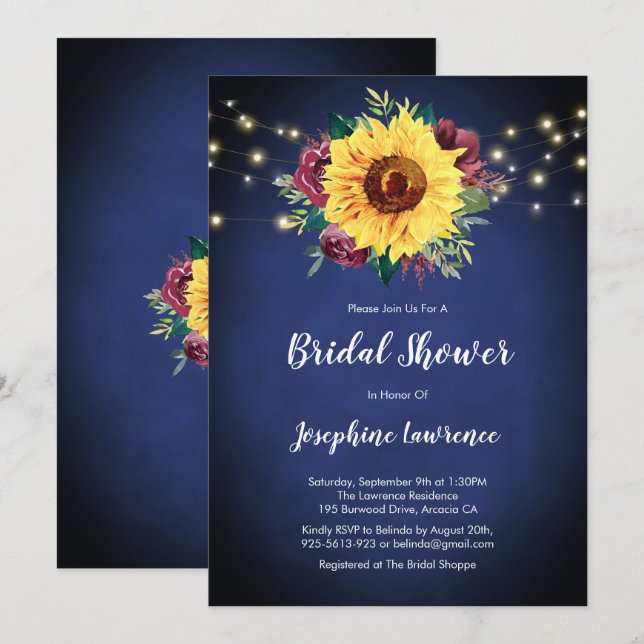 Sunflower Burgundy Rose Lights Navy Bridal Shower Invitation (Front/Back)