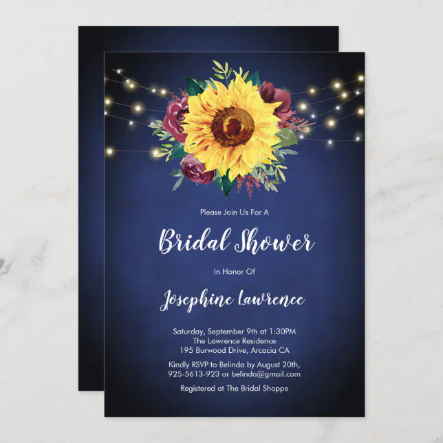 Sunflower Burgundy Rose Lights Navy Bridal Shower Invitation | Zazzle