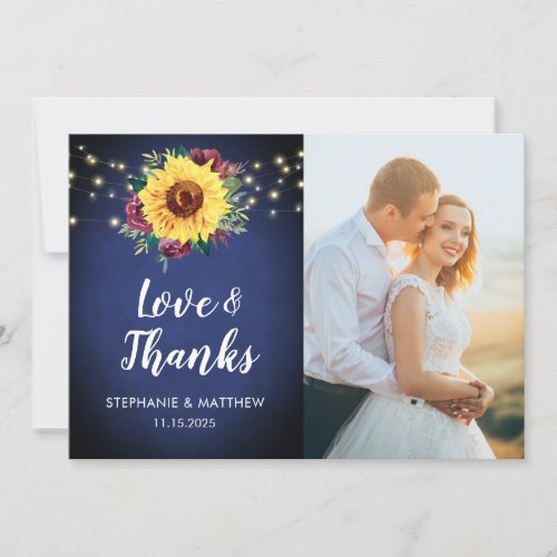 Sunflower Burgundy Rose Lights Navy Photo Wedding Thank You Card