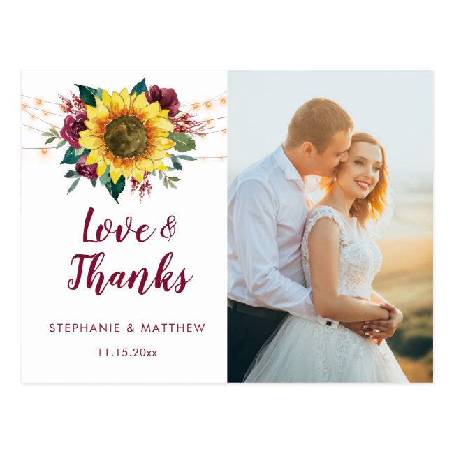 Sunflower Burgundy Rose Lights Photo Thank You Postcard