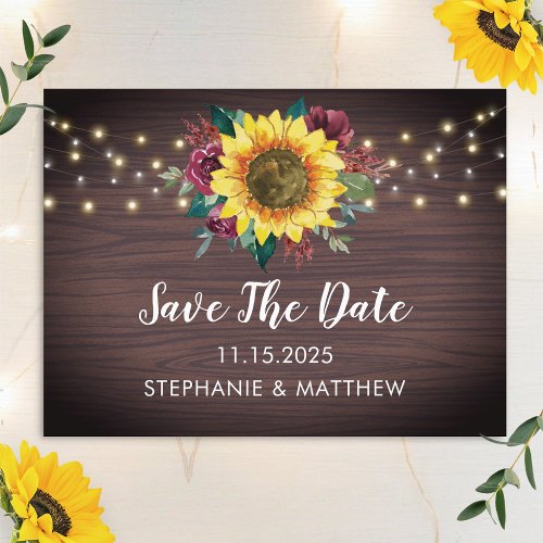 Sunflower Burgundy Rose Lights Wood Save The Date Announcement Postcard