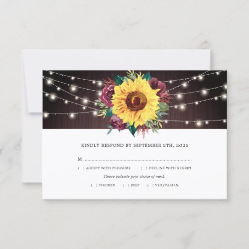 Sunflower Burgundy Rose Lights Wood Wedding Meal RSVP Card