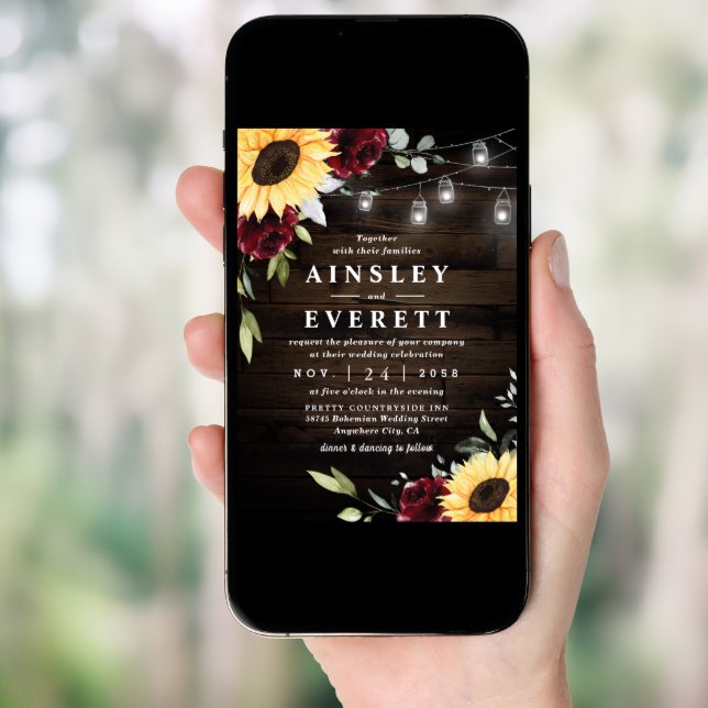 Sunflower Burgundy Rose Mason Jar Themed Wedding Invitation (Front Digital)