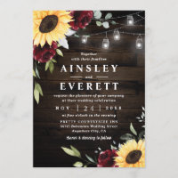 Sunflower Burgundy Rose Mason Jar Themed Wedding Invitation