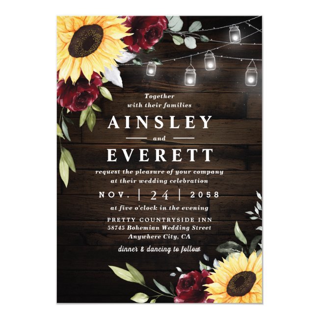 Sunflower Burgundy Rose Mason Jar Themed Wedding Invitation