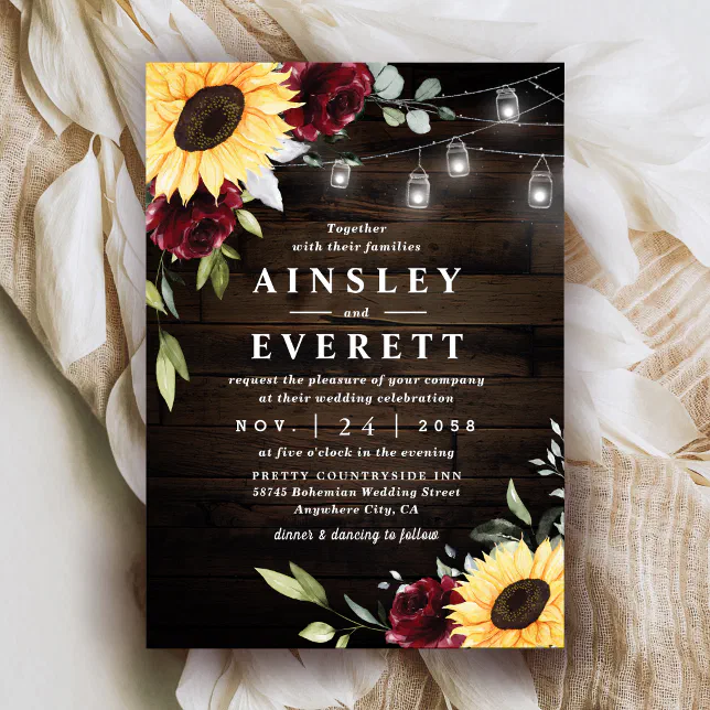 Sunflower Burgundy Rose Mason Jar Themed Wedding Invitation | Zazzle