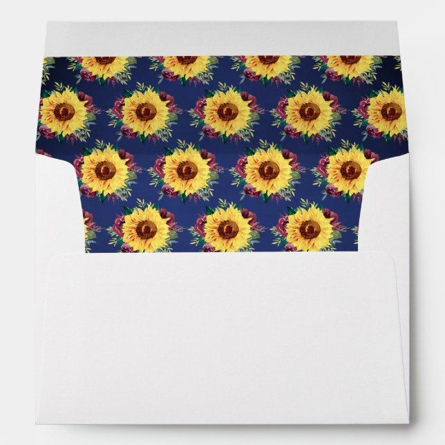 Sunflower Burgundy Rose Navy Blue Wedding Envelope (Back (Bottom))