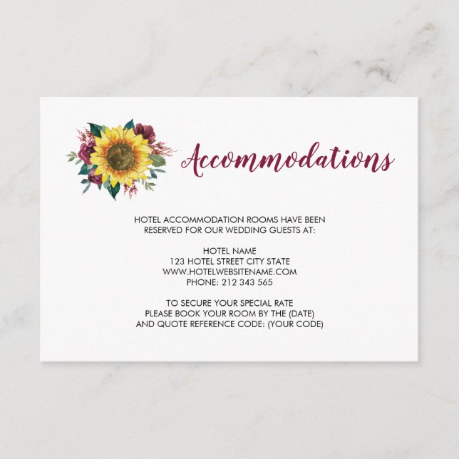 Sunflower Burgundy Rose Wedding Accommodations Enclosure Card (Front)