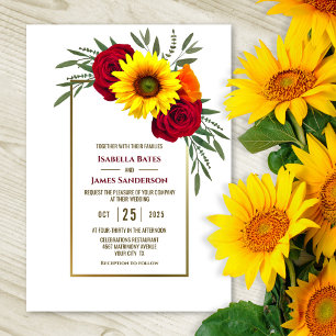 Sunflower Burgundy Rose Wedding Invitation