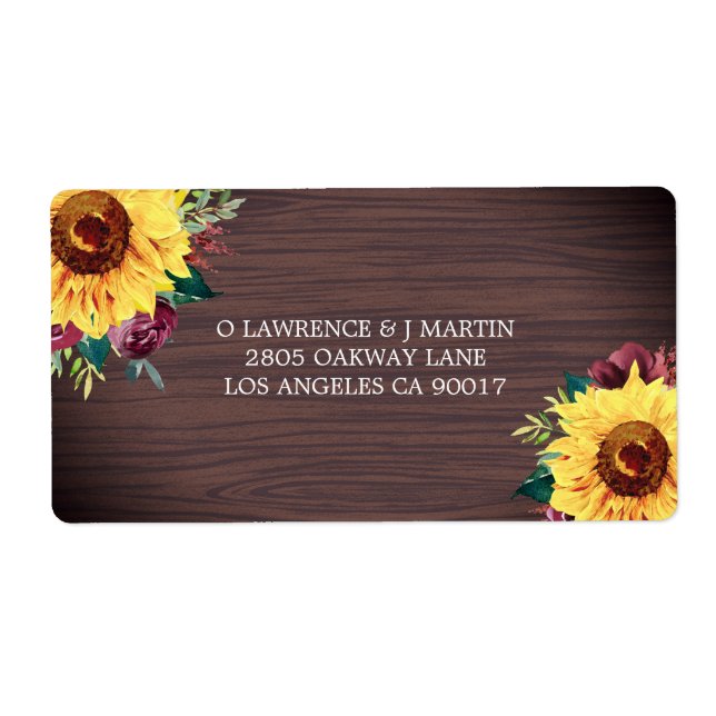 Sunflower Burgundy Rose Wood Wedding Label (Front)