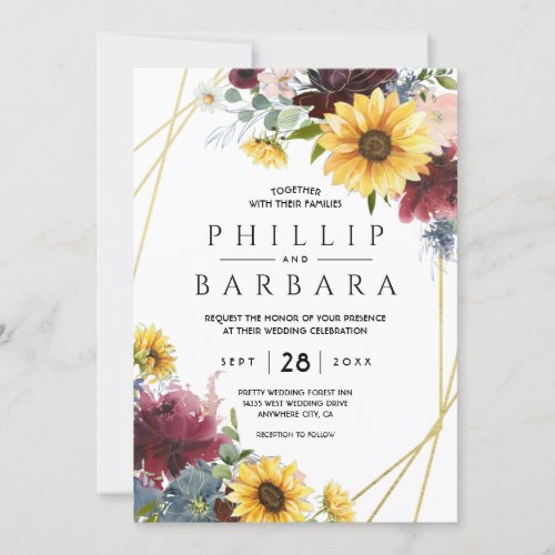 Sunflower Burgundy Roses Blue Rustic Invitation