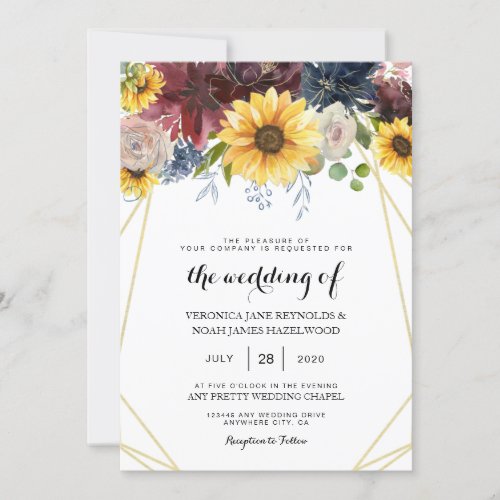 Sunflower Burgundy Roses Blue Rustic Invitation