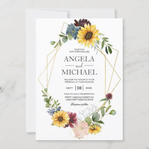 Sunflower Burgundy Roses Blue Rustic Invitation