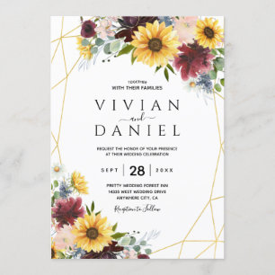 Sunflower Burgundy Roses Blue Rustic Invitation