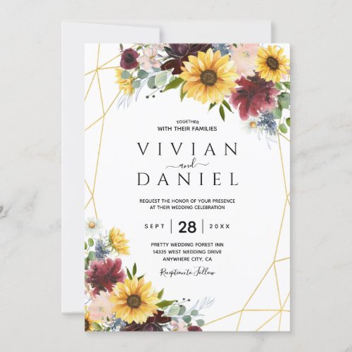 Sunflower Burgundy Roses Blue Rustic Invitation