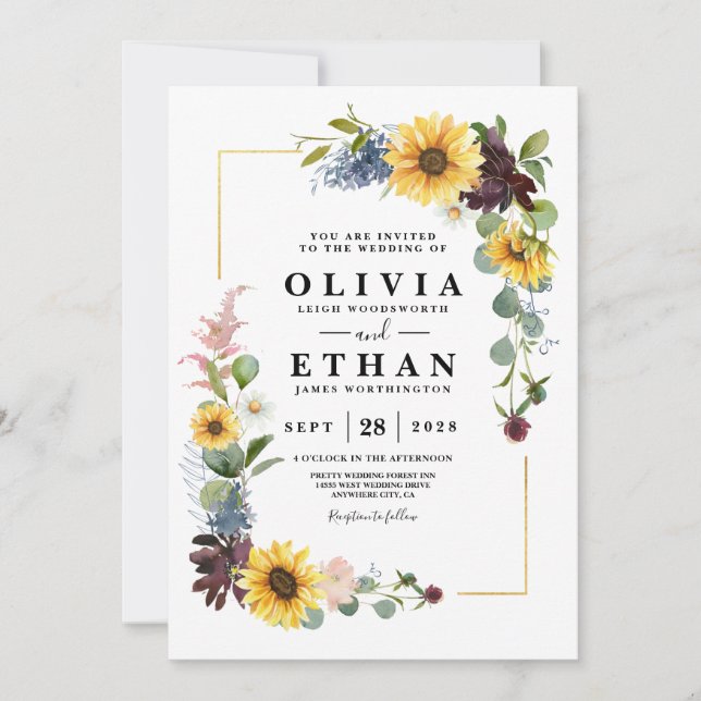 Sunflower Burgundy Roses Blue Rustic Invitation (Front)