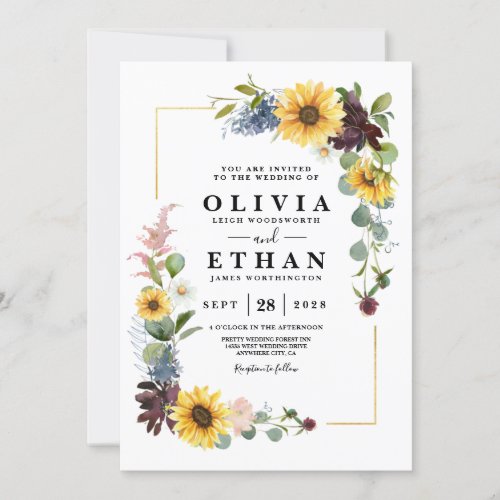 Sunflower Burgundy Roses Blue Rustic Invitation